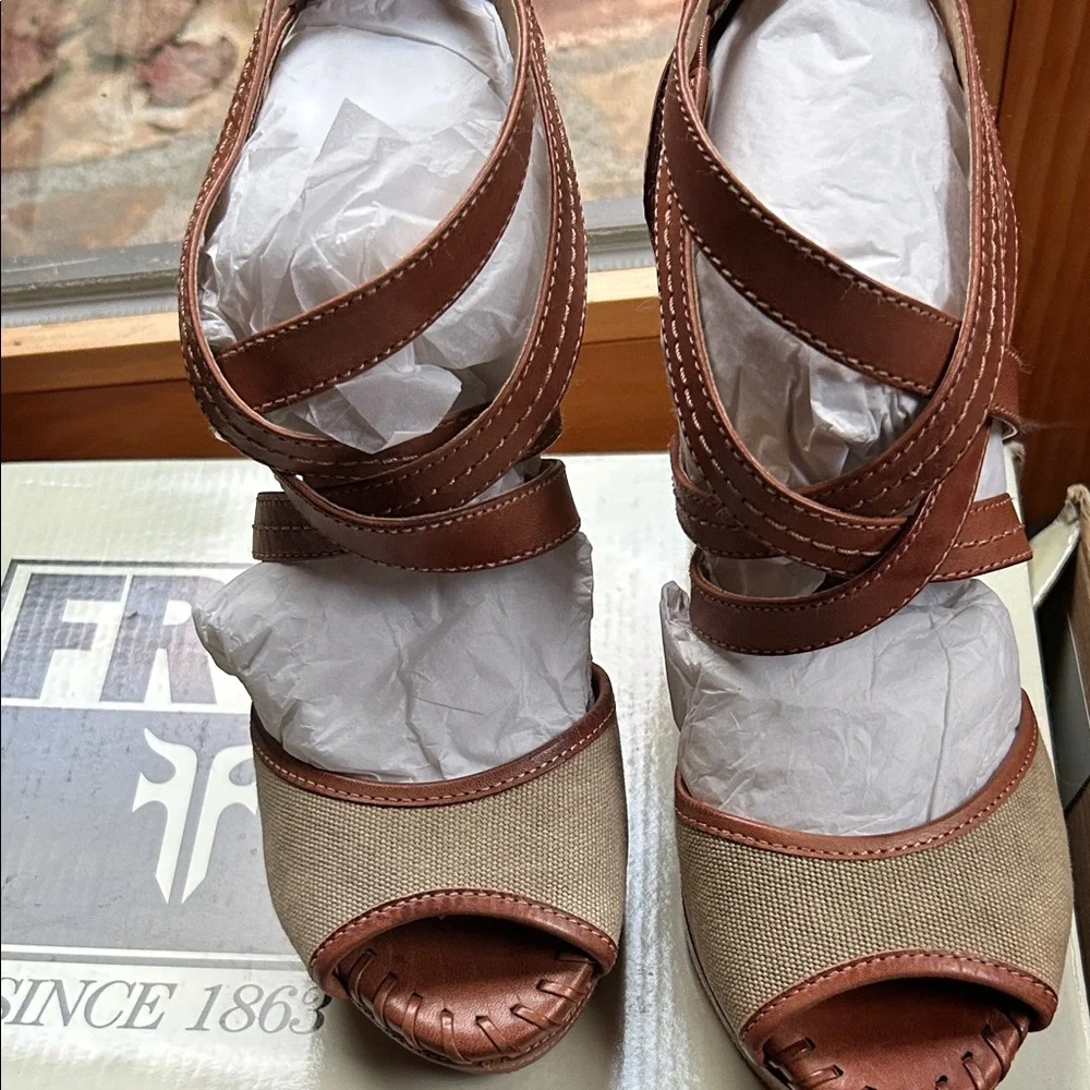 Frye NWT Women's Brown Leather & Kaki Fabric Wedge Sandals Size8.5M;Original Box